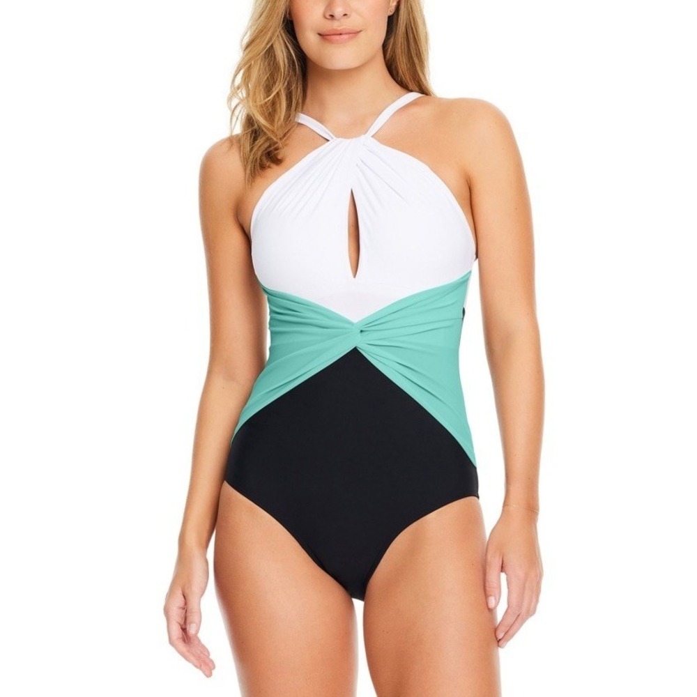 Beyond Control Colorblocked High-Neck Keyhole Twist-Detail One-Piece Swimsuit 14
